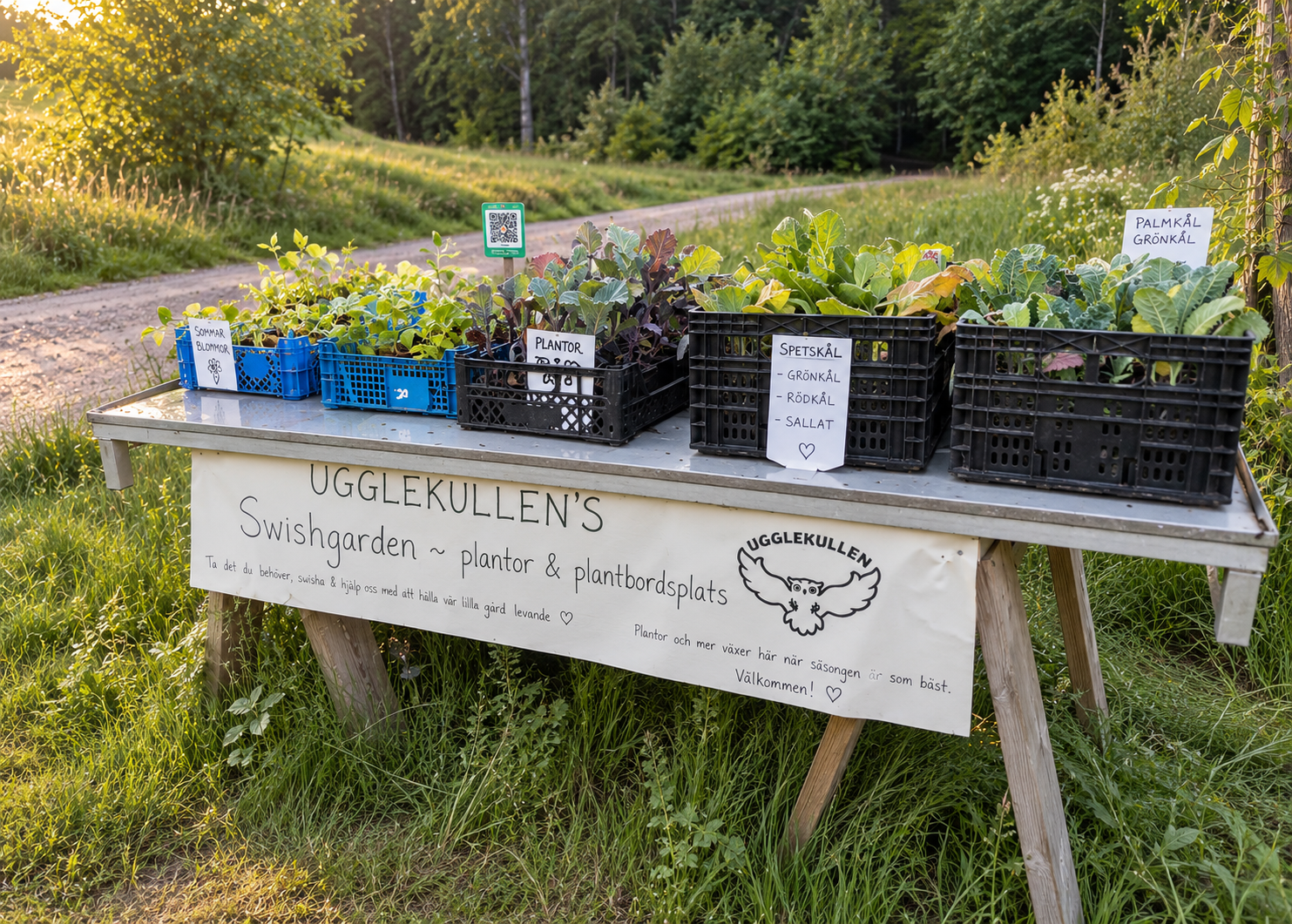Ugglekullens plantstånd med växter och information om självbetjäning
